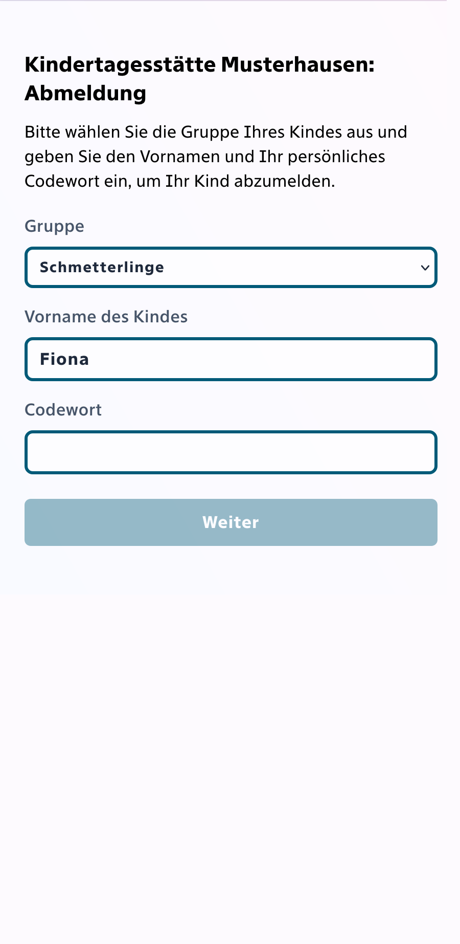 Legitimierung: Kind, Vorname, Codewort und QR-Code