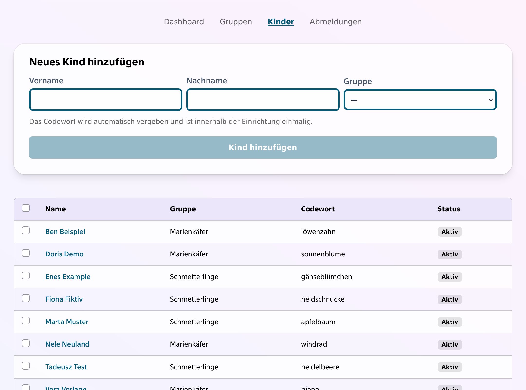 Abmeldeformular: Gruppe, Vorname des Kindes und Codewort